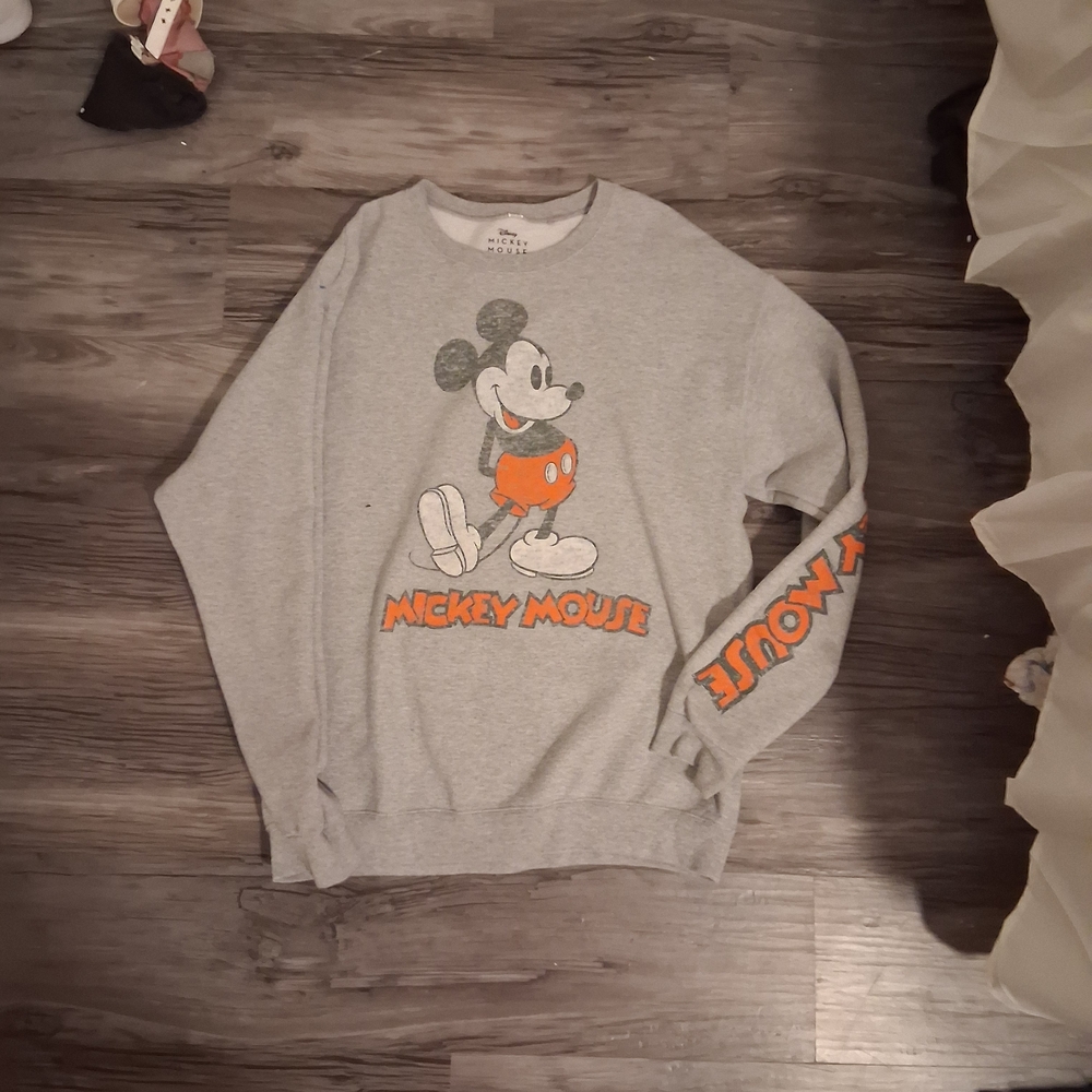 Disney Grey Crewneck Sweatshirt with Orange Mickey Mouse Graphic